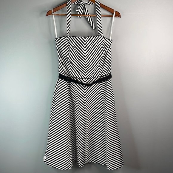 White House Black Market Strapless Halter Dress Black White Stripe Midi Size 10 - Picture 10 of 10